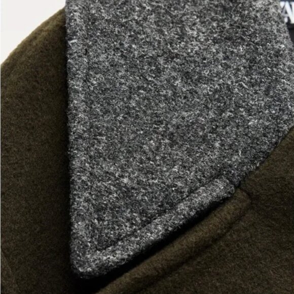 NWT Zara Monteco Wool Double-Breasted Long Coat with Gray Collar/ Olive Green M - Picture 9 of 16